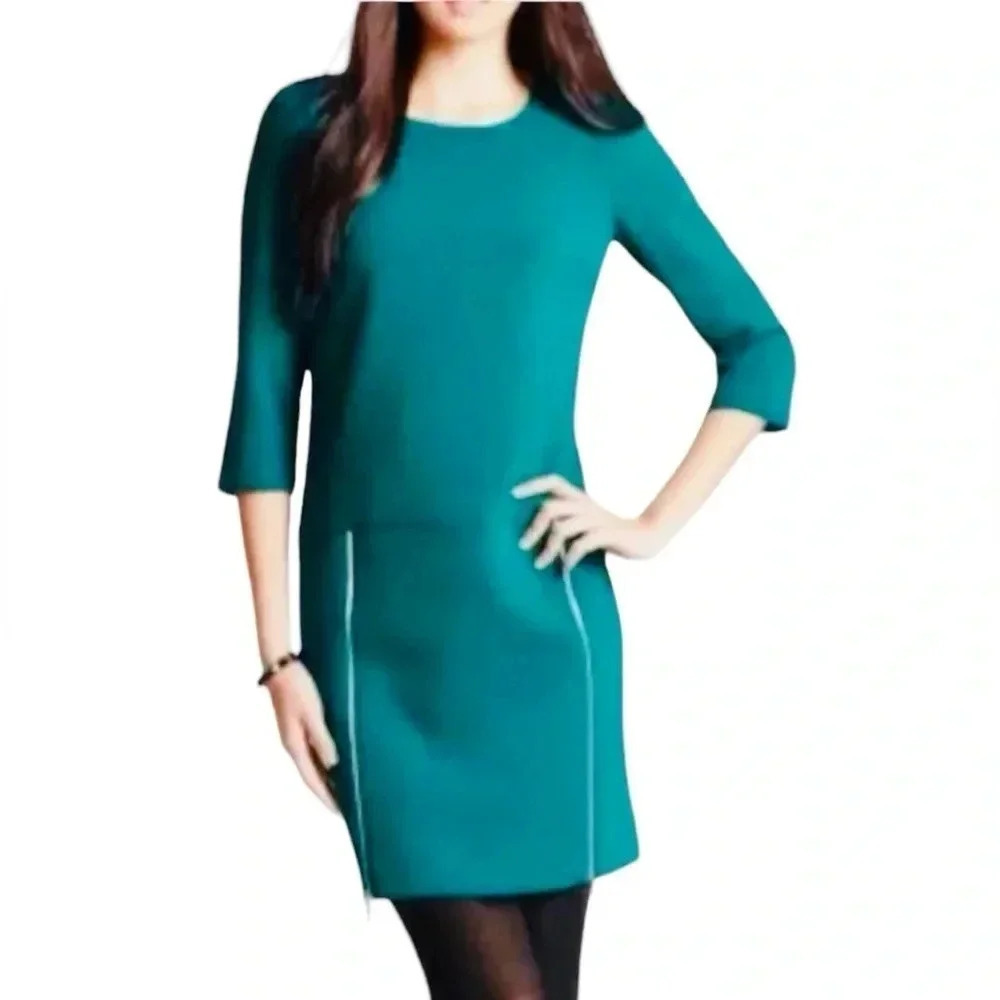 ANN TAYLOR | Women’s Teal Green Shift Dress 3/4 Sleeve Front Zippers Size 2